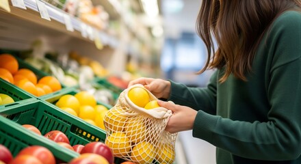 Woman shopping in a supermarket. She is selecting lemons and placing them in a reusable mesh bag. Fresh fruits are displayed on shelves.