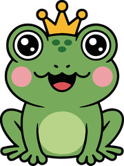 A cartoon frog with a golden crown and pink cheeks sitting on a white background looking forward