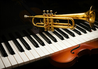 A golden trumpet rests on a piano keyboard, with a violin visible in the foreground.