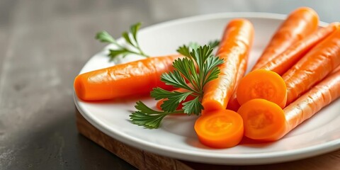 Bright orange carrot slices arranged on a plate for a healthy vegan lunch,  crunchy,  eating