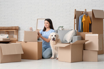 Fototapeta premium Young happy woman and cute Labrador dog with boxes on moving day sitting at home