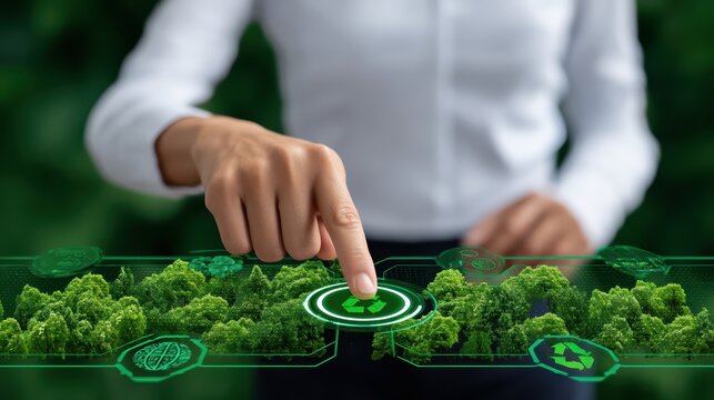 Hand Touching Virtual Interface with Green Nature Elements for Sustainability and Eco-Friendly Concept