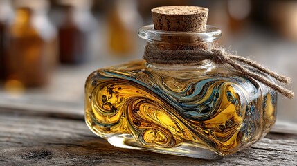 Close-Up of Decorative Glass Bottle with Dynamic Liquid Patterns on Warm Wooden Tabletop