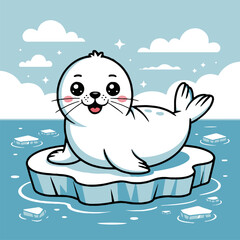 A cartoon seal on an ice floe with a blue background and white clouds and ice chunks in the water