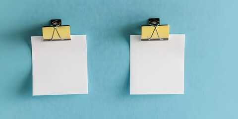 Two Blank White Papers Clipped on Blue Background