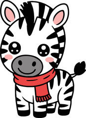 Cartoon zebra with a red scarf standing on a white background in a cute and simple vector © Master
