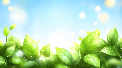 Vibrant Green Leaves Background Dew Drops Sunny Sky