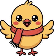 Cartoon chick with a red scarf and big eyes standing on a white background with its wings spread