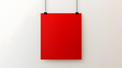 Red Poster Mockup Hanging on White Wall