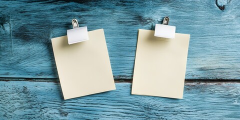 Two Blank Note Papers on Rustic Blue Wooden Background