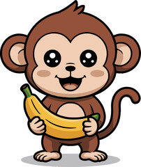 Cute cartoon monkey holding a yellow banana with big eyes and a happy smile on a white background