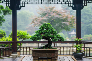 Bonsai in a Chinese Temple courtyard during misty morning, placed on wooden table with ornamental railing and pavilion