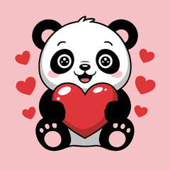 Obraz premium Cartoon panda holding a red heart with pink background and floating hearts around the panda bear image