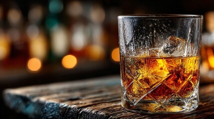 Glass of whiskey with perfectly formed ice cubes on a rustic wooden bar counter