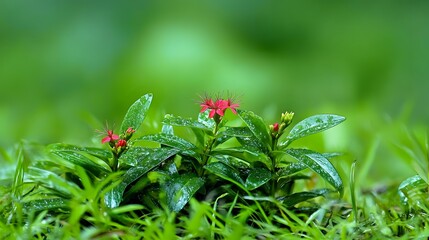 Vibrant Red Flowers Lush Green Foliage Dew Drops Nature Photography