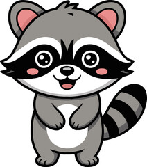 Obraz premium Cartoon raccoon standing with a white background and black stripes on its tail and a cute smile