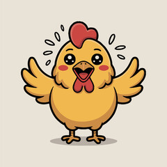 Cartoon vector of a surprised yellow chicken with open wings and a red comb on a light background