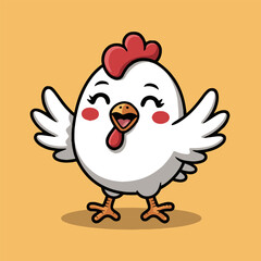 Cartoon vector of a happy white chicken with red comb on a yellow background vector