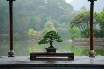 Bonsai in a Chinese Temple lakeside pavilion, centered on wooden platform overlooking calm water and forested hills
