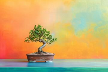 Bonsai in Copy Space with artistic multicolor background and soft lighting on curved trunk and dense leafy canopy