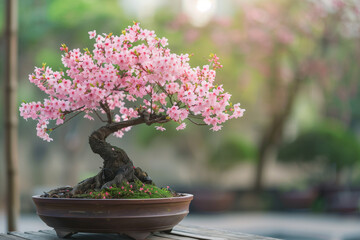 Bonsai in Bloom with full pink cherry blossoms on a wooden deck in garden surrounded by soft natural light
