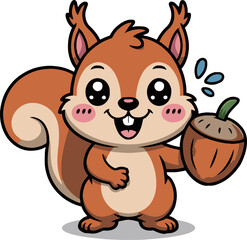Cartoon squirrel holding an acorn with big eyes and a bushy tail on a white background vector