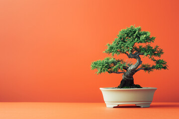 Bonsai in Copy Space with vibrant green foliage and twisted trunk against bold orange background in studio lighting