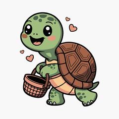 Cartoon turtle carrying a basket with hearts floating around it on a white background vector