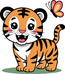 Cartoon tiger cub standing on grass with a butterfly flying next to it on a white background