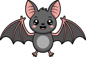 Cartoon bat with pink ears and wing accents smiling cheerfully on a white isolated background