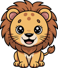 Cartoon vector of a cute lion cub with big eyes and a happy expression on a white background