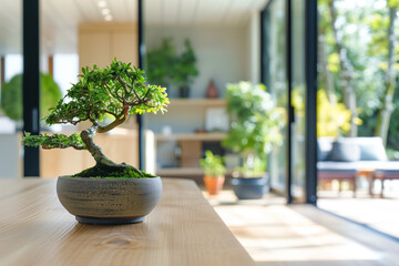 Bonsai in a Modern Home sitting on wooden table with open doors and lush greenery in contemporary bright space