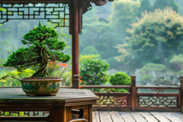 Bonsai in a Chinese Temple terrace with morning sunlight and lush plants, on carved wooden table with bright atmosphere