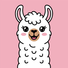 A cartoon llama with white fur and a pink background looking directly at the viewer with a smile on its face © Master