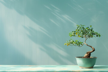 Bonsai in Copy Space with natural curved trunk and delicate foliage on teal background in calm morning studio light
