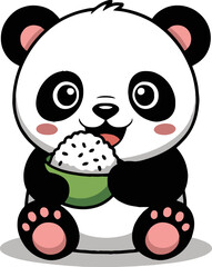 Cartoon panda bear sitting and holding a bowl of rice with a happy expression on a white background