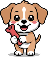 Cartoon puppy standing with a bone toy and smiling with big eyes on a white background vector