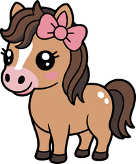 Cartoon pony with pink bow and big eyes stands on a white background in a cute vector style