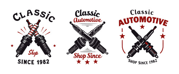 Fototapeta premium Classic Automotive Shop Logo Set Featuring Crossed Spark Plugs and Retro Typography – Vintage Car Repair Branding Since 1982