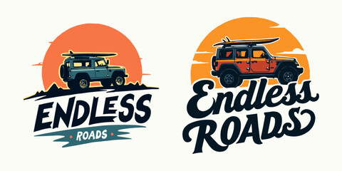 Endless Roads Adventure Logo Set with Off-Road Vehicle, Surfboard, and Sunset for Travel, Surf, and Outdoor Lifestyle Branding © Vectyx