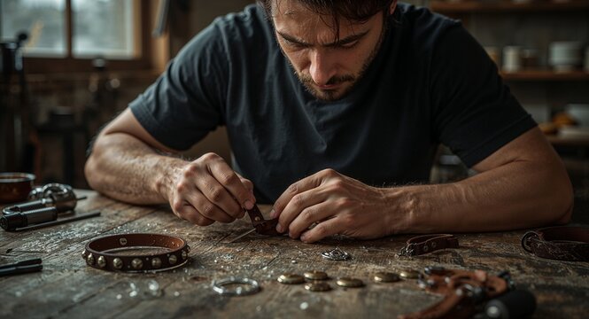 Man crafting leather bracelet at wooden table with tools and metal embellishments in a workshop setting