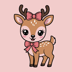 Cartoon deer with pink bows on head and neck standing against a light pink solid color background