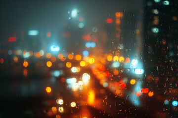 City lights bokeh through wet window on rainy night