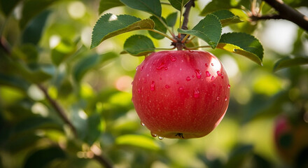 Juicy Red Apple Hanging from Branch