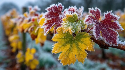 Ice Wine Grape Leaves Glistening with Morning Dew in Austria's Wachau Valley