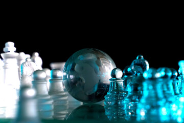 Crystal planet Earth amidst chess pieces showing the American continent, representing concepts of geopolitics, global power, competition for control, international relations, world leaders, struggle f