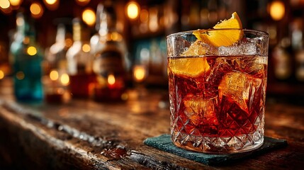 Iced Wine and Whiskey Glasses Elegantly Displayed on Bar Counter