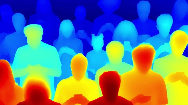 Gradient thermal depth visualization of a group of people in a crowd, some using smartphones, ideal for AI datasets, crowd detection, and human behavior analysis.