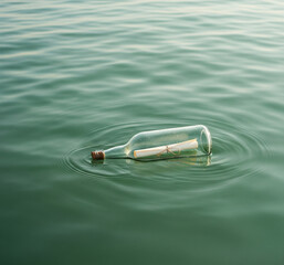 A glass bottle with a rolled message inside floats calmly on greenish water, creating a subtle ripple