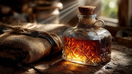 Premium Armagnac Bottle Set Against Rustic Background with Golden Sunlight